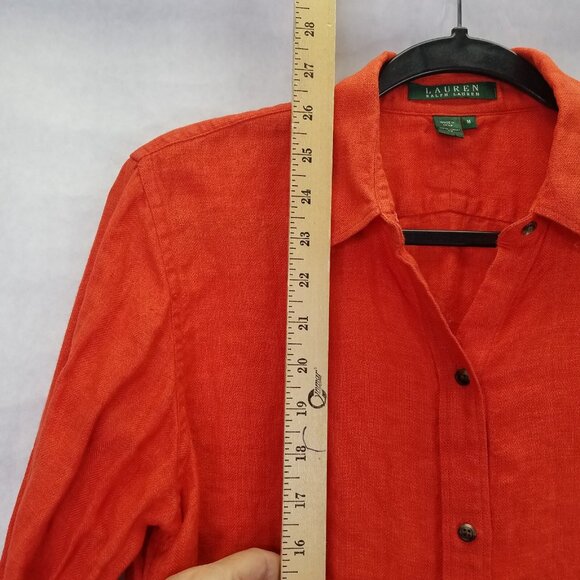 LRL Ralph Lauren Button Up Shirt Women's M Linen Burnt Orange Embroidered Logo - Picture 10 of 12